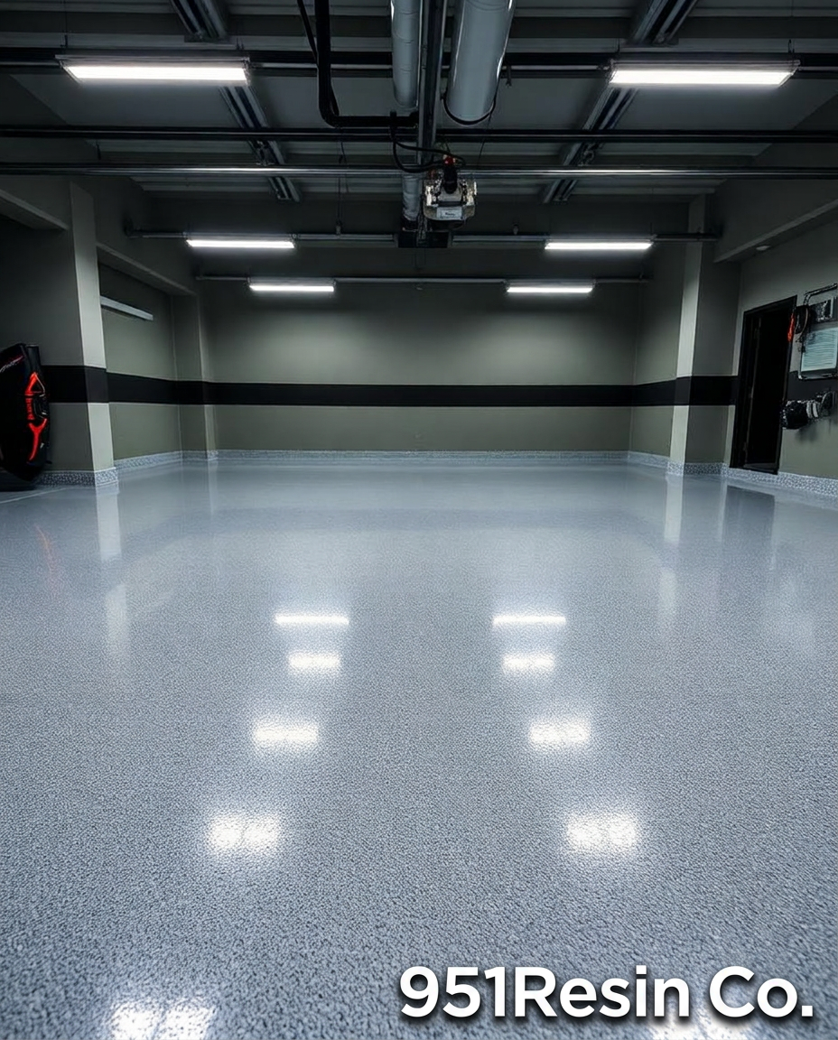 Ultra high gloss grey epoxy garage floor with sharp reflections